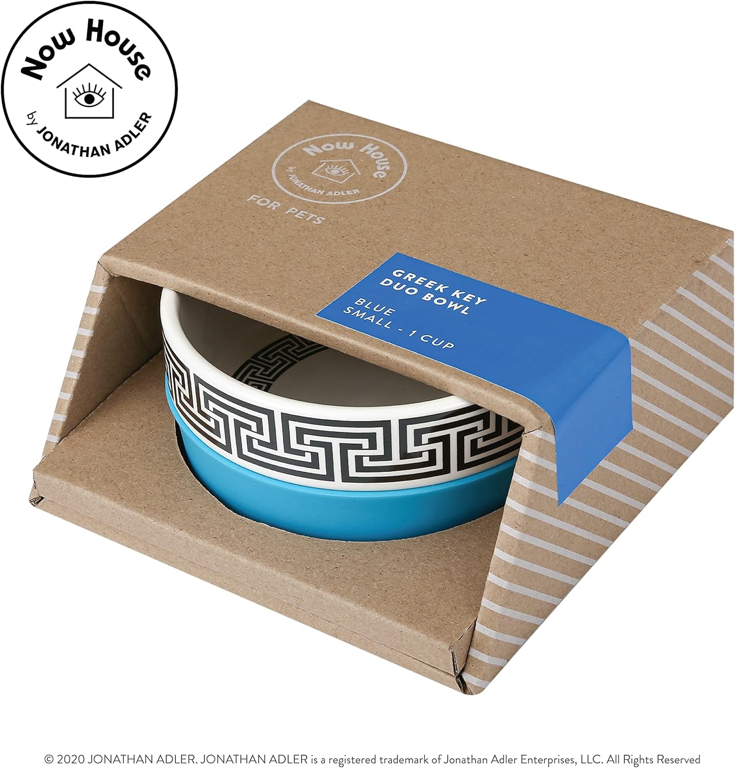 Now House for Pets by Jonathan Adler Greek Key Duo Dog Bowl, Small Cute Ceramic Dog Food Bowl from for Water or Food, 4.5 Inch Dog Bowl