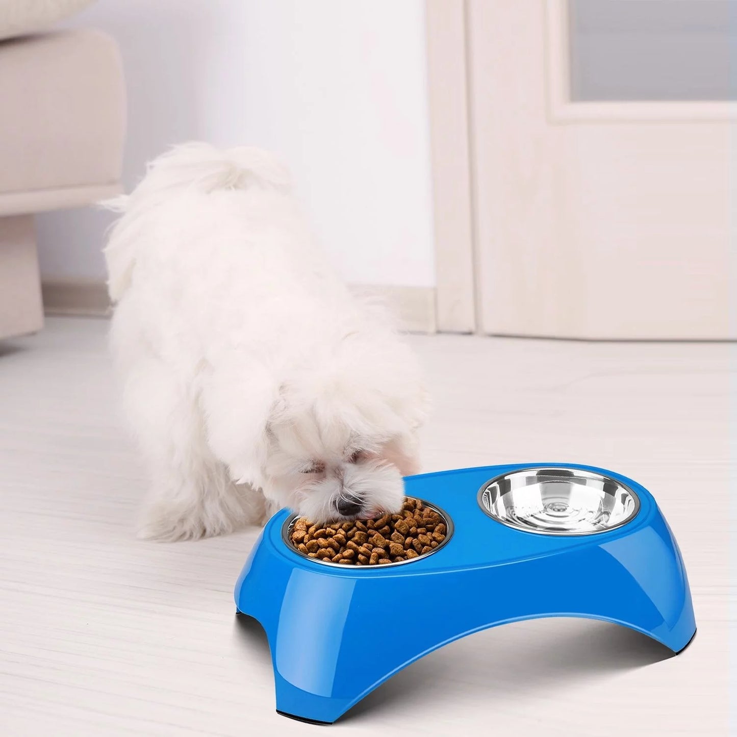 Pet Feeder Bowls Double Stainless Steel (Set of 2) - Removable Raised Feeding Station Tray Dog Puppies Animal Food Water Holder Container Dish Table Dinner Set with Elevated Stand (Blue)