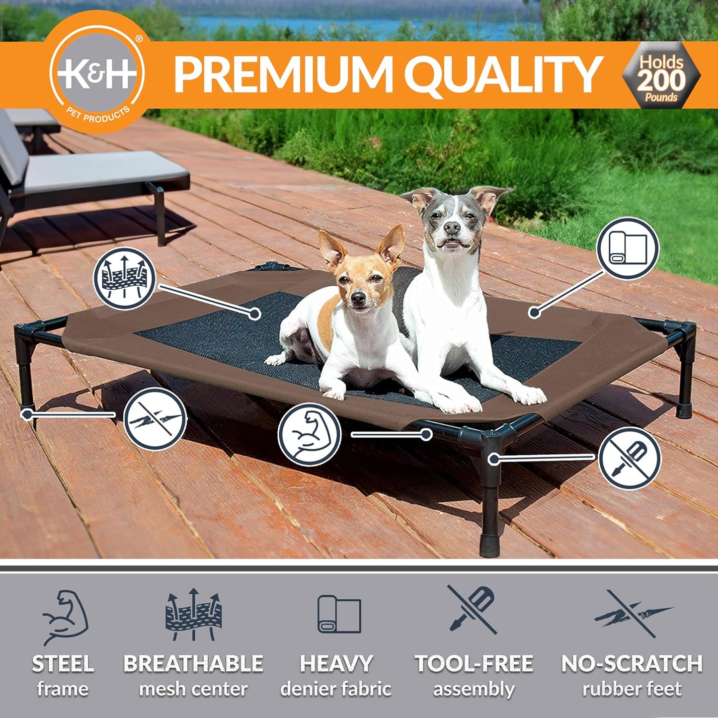 Cooling Elevated Dog Bed Outdoor Raised with Washable Breathable Mesh, Cot No-Slip Rubber Feet, Portable Indoor Bed, Large Chocolate/Black Mesh