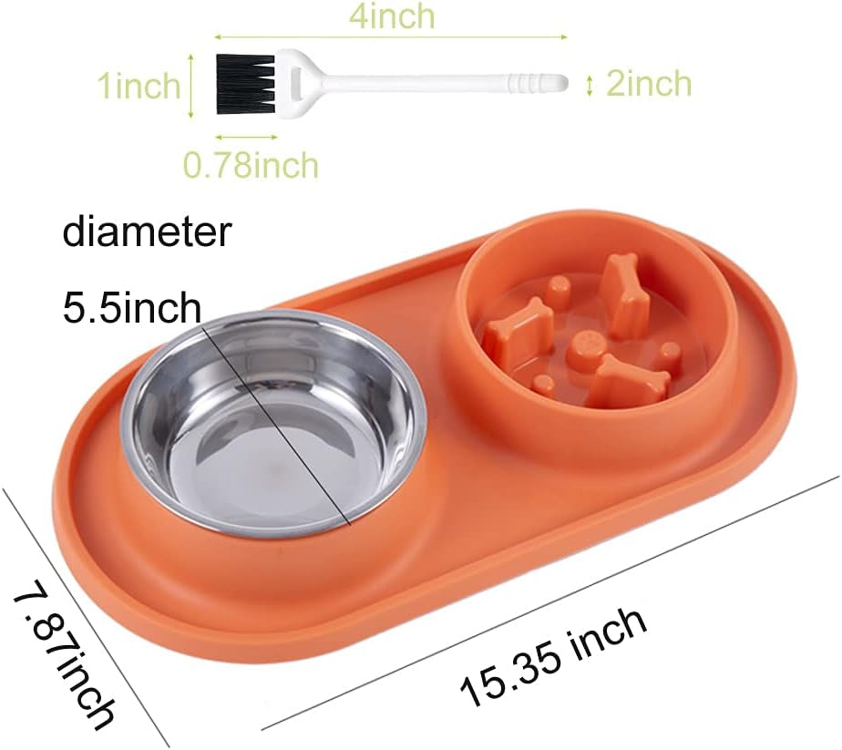 Dog Bowls Small Medium Sized Dog Food Bowl, Slow Feeder Dog Bowls, 1/2 Cup Stainless Steel Dog Bowls, No-Spill Non-Skid, Dog Food Water Bowls Set by (Bright Orange)