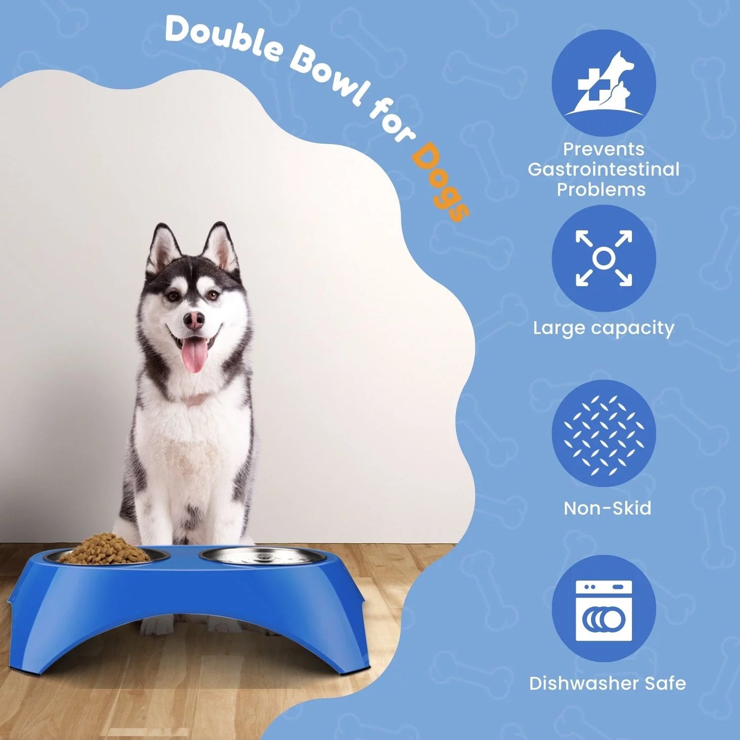 Pet Feeder Bowls Double Stainless Steel (Set of 2) - Removable Raised Feeding Station Tray Dog Puppies Animal Food Water Holder Container Dish Table Dinner Set with Elevated Stand (Blue)