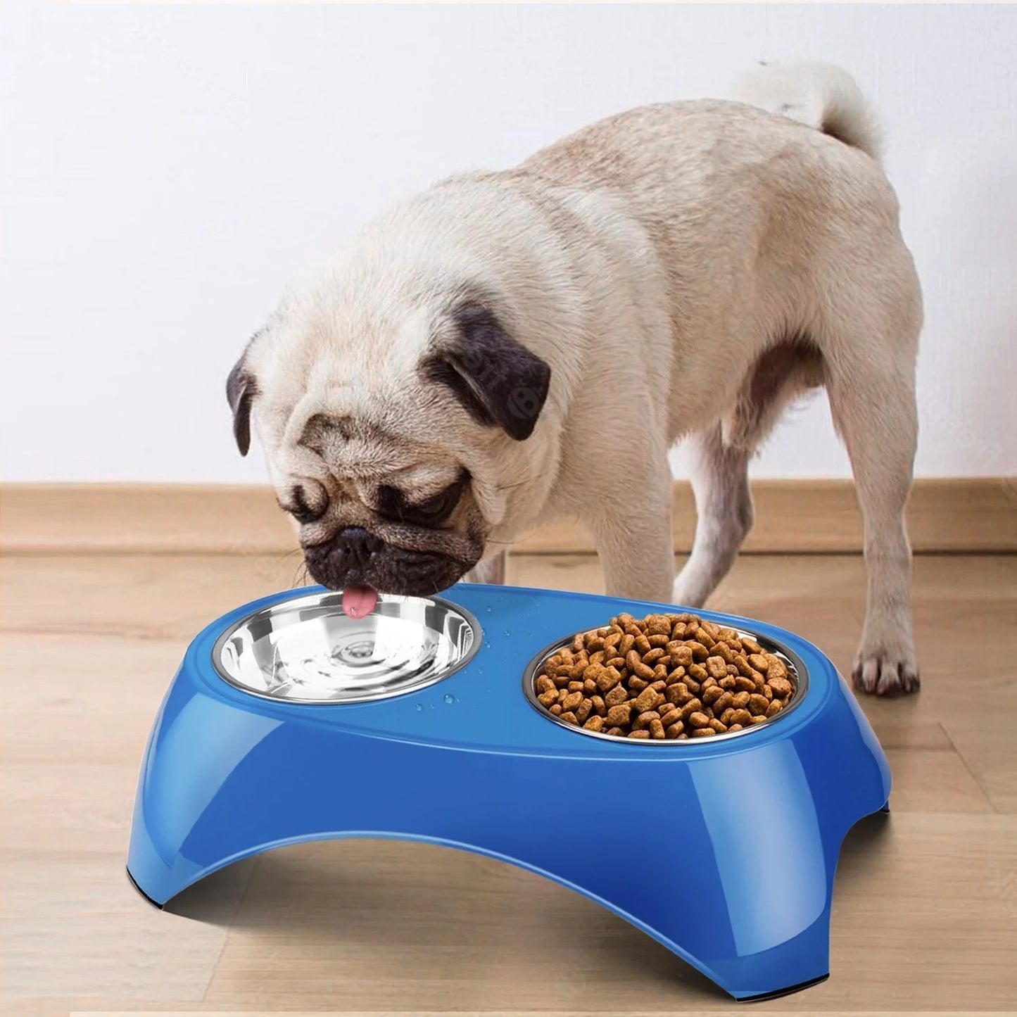 Pet Feeder Bowls Double Stainless Steel (Set of 2) - Removable Raised Feeding Station Tray Dog Puppies Animal Food Water Holder Container Dish Table Dinner Set with Elevated Stand (Blue)