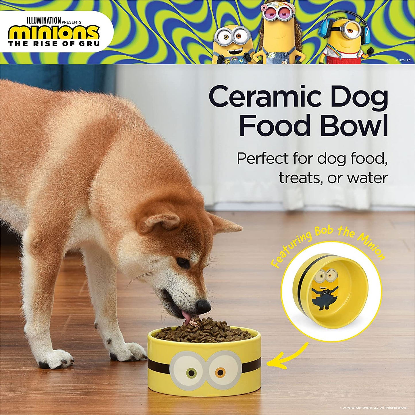 Bob Ceramic Dog Food or Water Bowl, 6" or 3.5 Cups | Gifts for Fans and Their Pets | Officially Licensed Pet Product from Universal Studios Yellow
