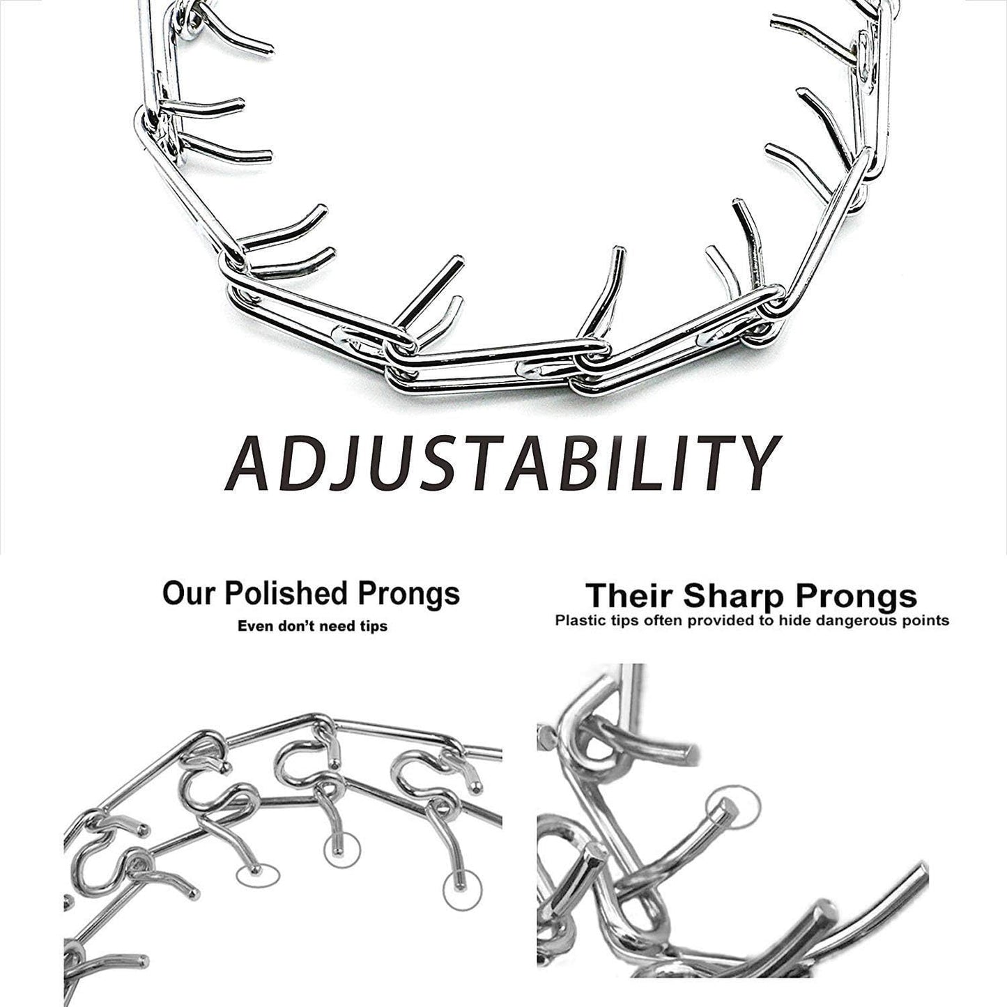 Dog Prong Collar Extra Links with Rubber Cups, Set of (3) Chrome Links, Steel Chrome Plated Dog Prong Training Collar Links, Pinch Collar and Dog Correction Collar Links