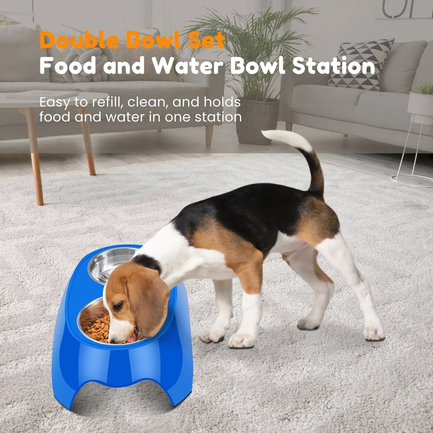 Pet Feeder Bowls Double Stainless Steel (Set of 2) - Removable Raised Feeding Station Tray Dog Puppies Animal Food Water Holder Container Dish Table Dinner Set with Elevated Stand (Blue)