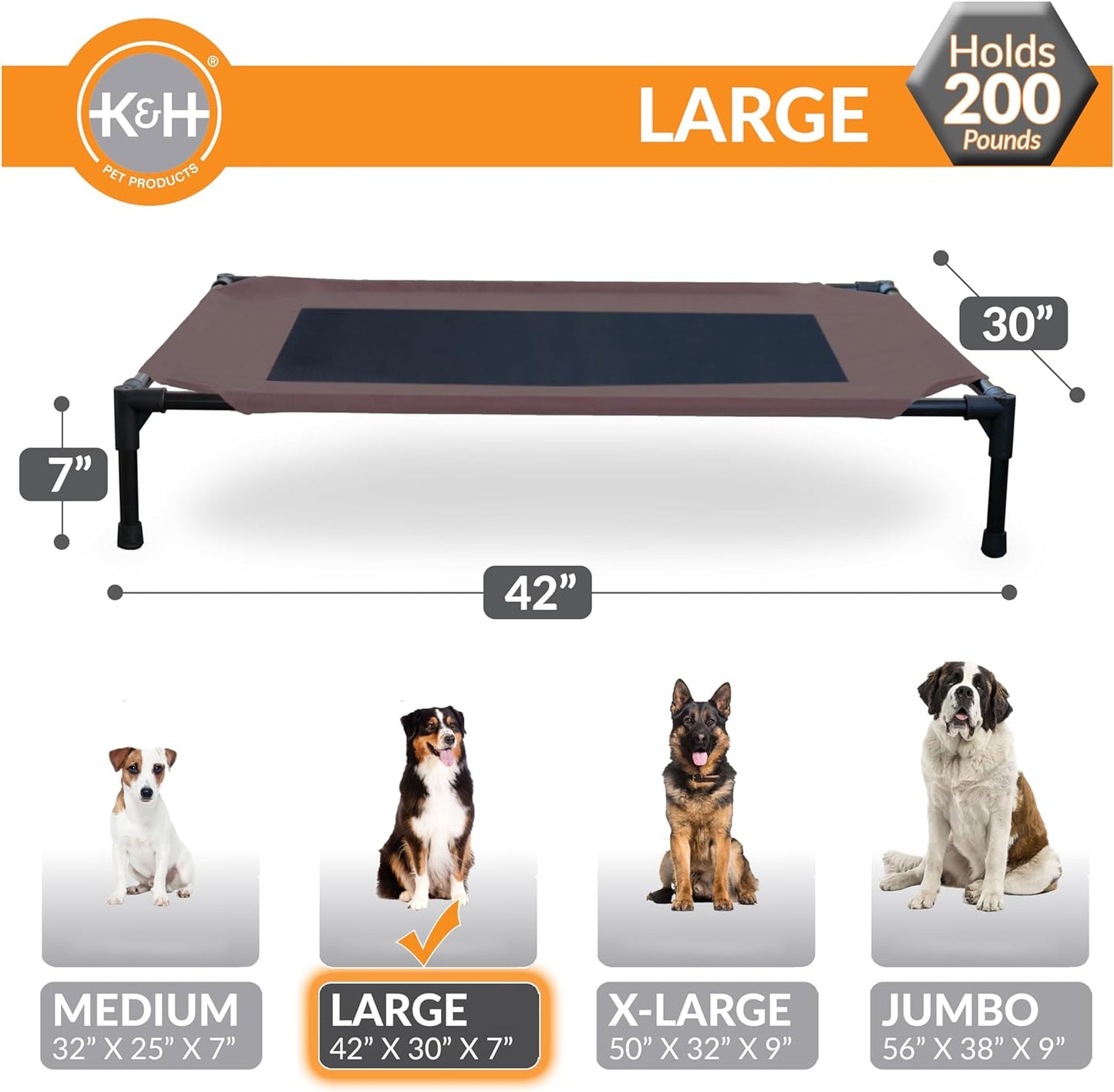Cooling Elevated Dog Bed Outdoor Raised with Washable Breathable Mesh, Cot No-Slip Rubber Feet, Portable Indoor Bed, Large Chocolate/Black Mesh