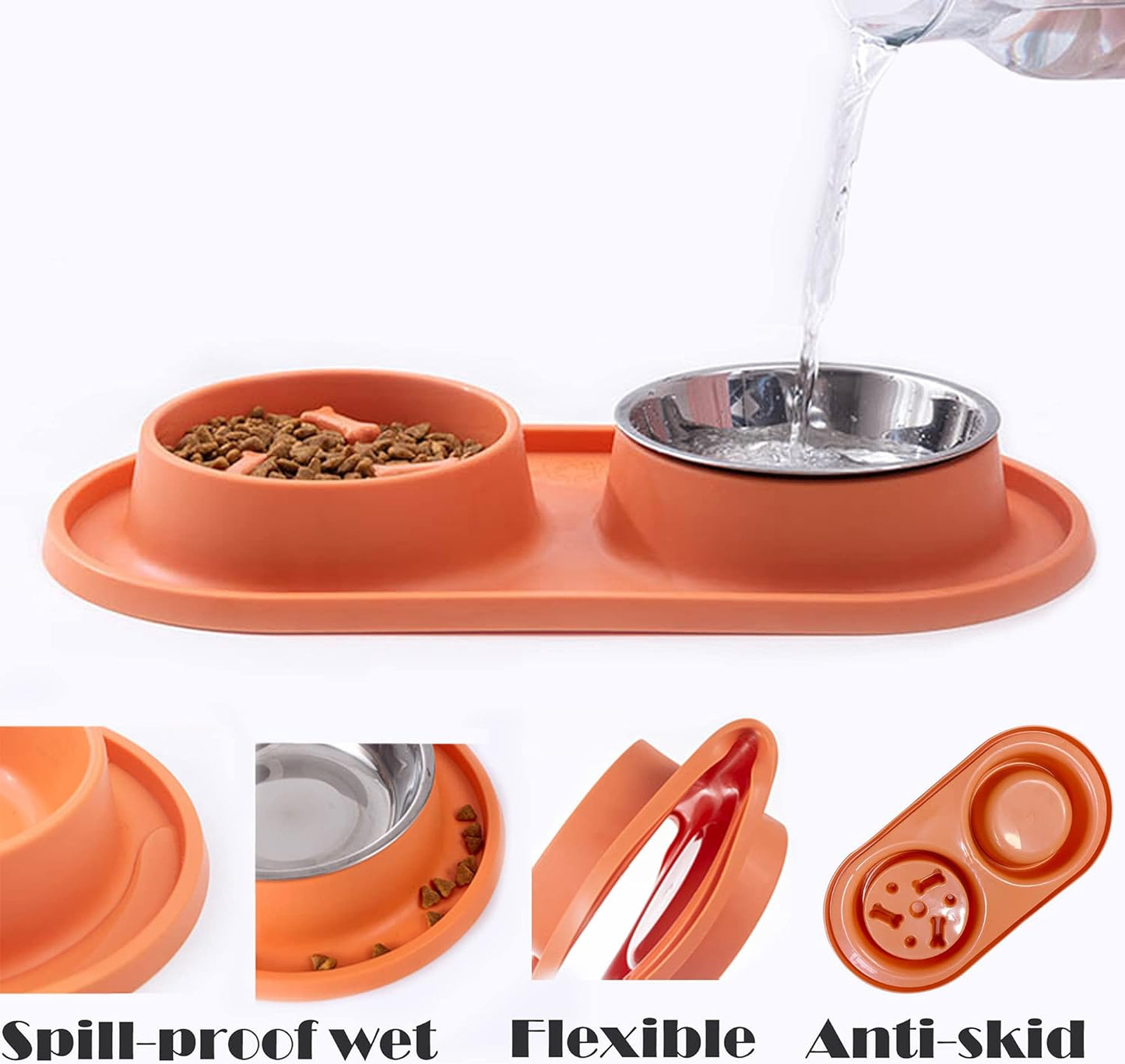 Dog Bowls Small Medium Sized Dog Food Bowl, Slow Feeder Dog Bowls, 1/2 Cup Stainless Steel Dog Bowls, No-Spill Non-Skid, Dog Food Water Bowls Set by (Bright Orange)