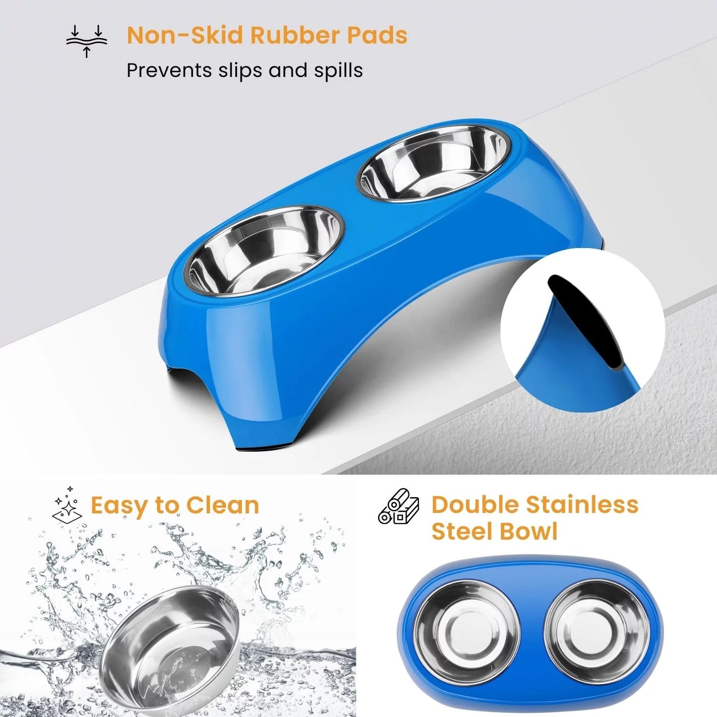 Pet Feeder Bowls Double Stainless Steel (Set of 2) - Removable Raised Feeding Station Tray Dog Puppies Animal Food Water Holder Container Dish Table Dinner Set with Elevated Stand (Blue)