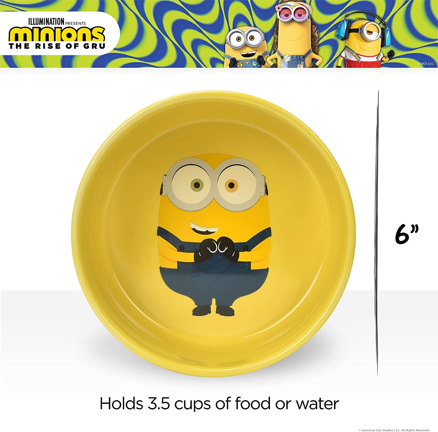 Bob Ceramic Dog Food or Water Bowl, 6" or 3.5 Cups | Gifts for Fans and Their Pets | Officially Licensed Pet Product from Universal Studios Yellow
