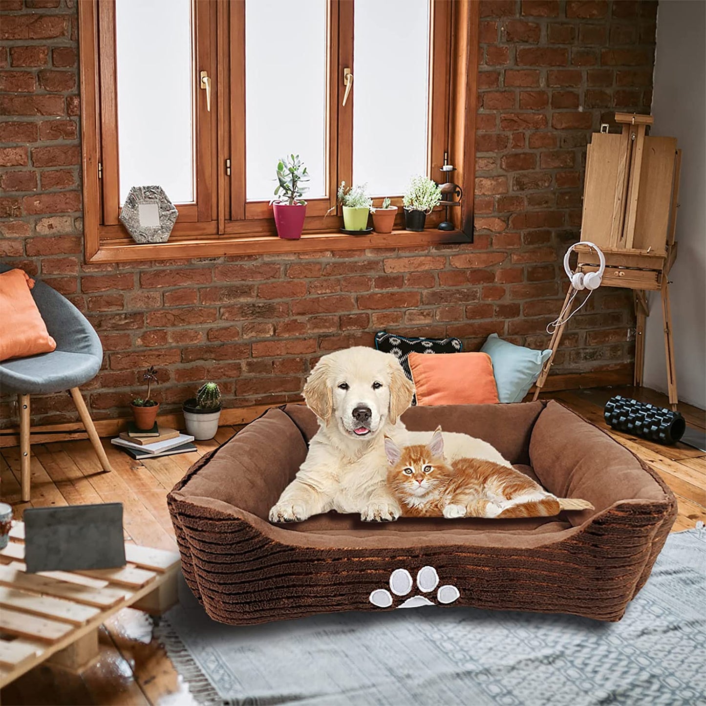 HCT REC-005 Reversible Rectangle Pet Bed with Dog Paw Printing, Coffee, by , 25 by 21 Inches