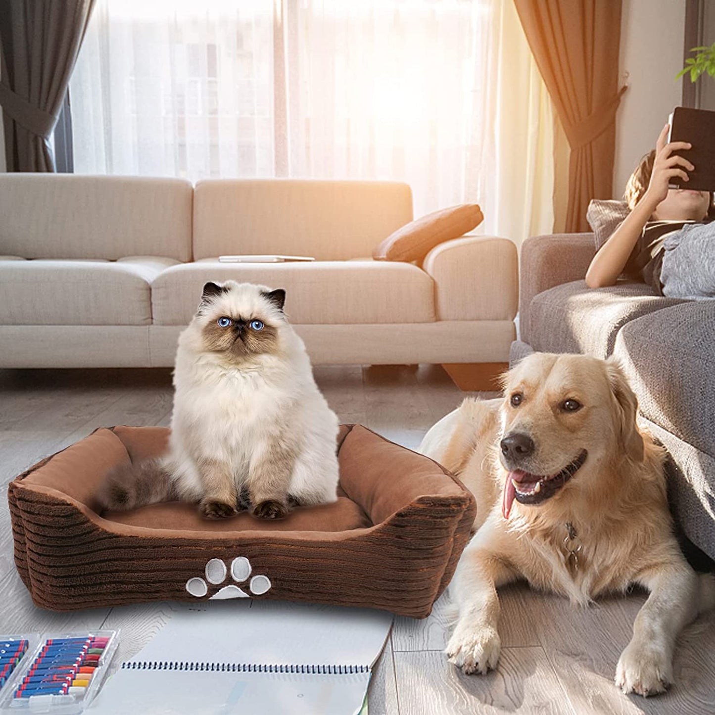 HCT REC-005 Reversible Rectangle Pet Bed with Dog Paw Printing, Coffee, by , 25 by 21 Inches