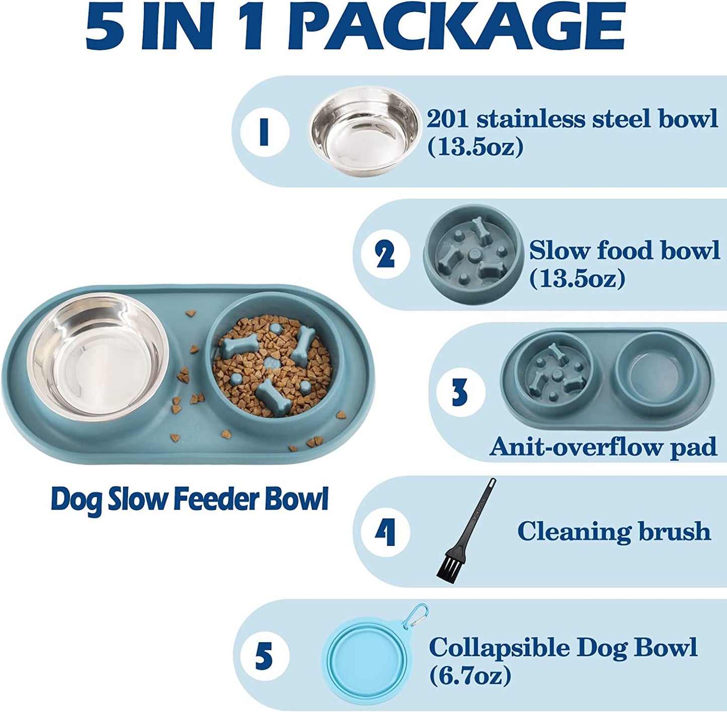 Dog Slow Feeder Bowl, 5-In-1 Dog Food Bowl with a Free Portable Dog Bow, Anti-Overflow Dog Bowl Set to Slow down Eating, Anti-Gulping Pet Bowl Stop Bloat, Foldable Maze Dog Bowl for Medium Small Dogs