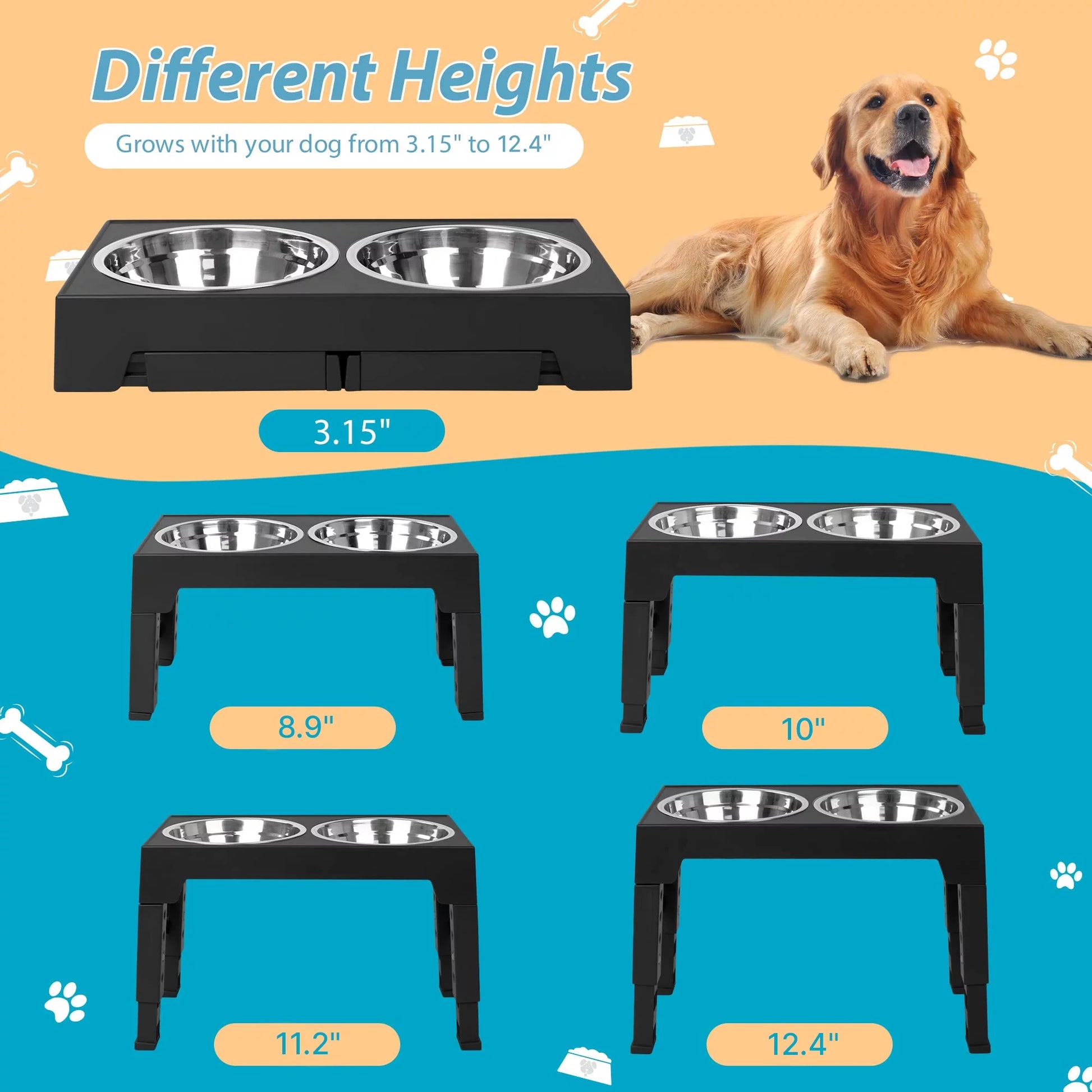 Elevated Dog Bowls Stand with 2 Stainless Steel Dishes, Raised Dog Bowl Adjusts to 5 Heights (3.15", 8.9", 10",11.2", 12.4") for Medium and Large Dogs（Black）