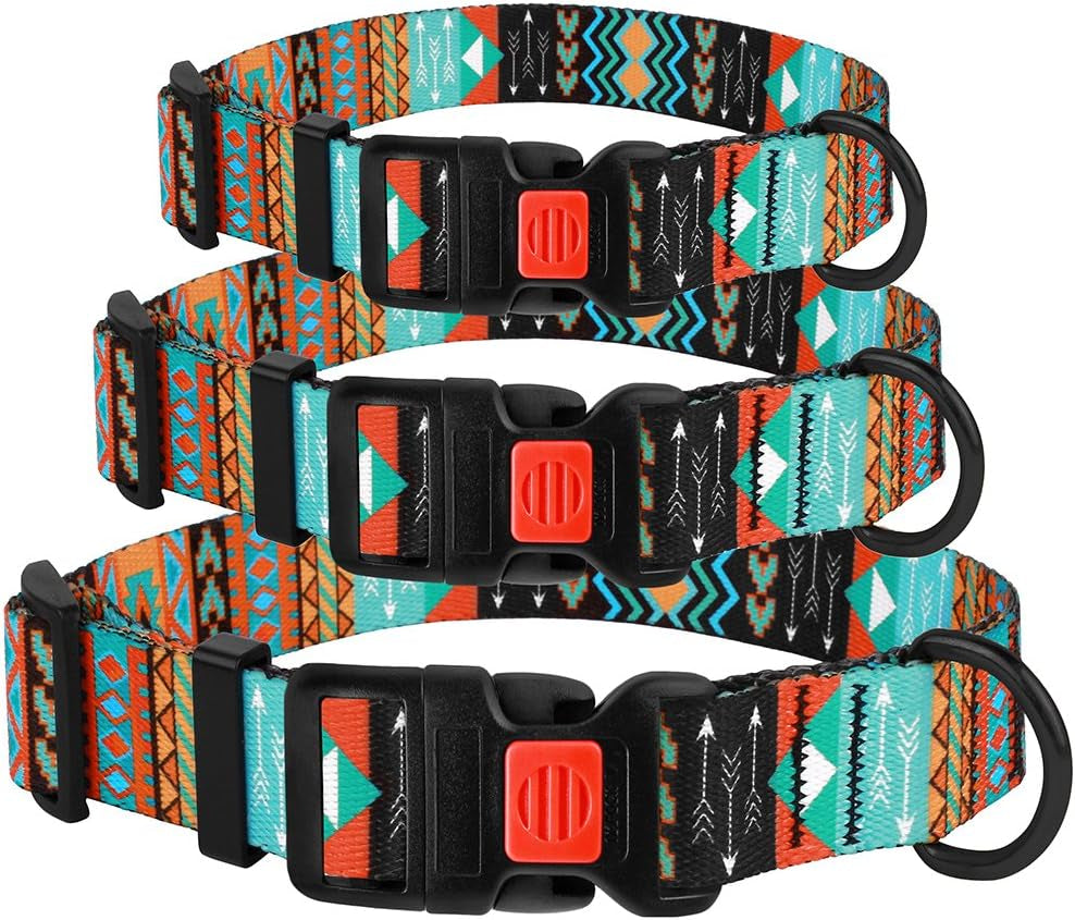 Dog Collar for Small Medium Large Dogs or Puppies, Cute Unique Design with a Quick Release Buckle, Tribal Ethnic Aztec Pattern, Adjustable Soft Nylon (Tribal, Neck Fit 10"-13")