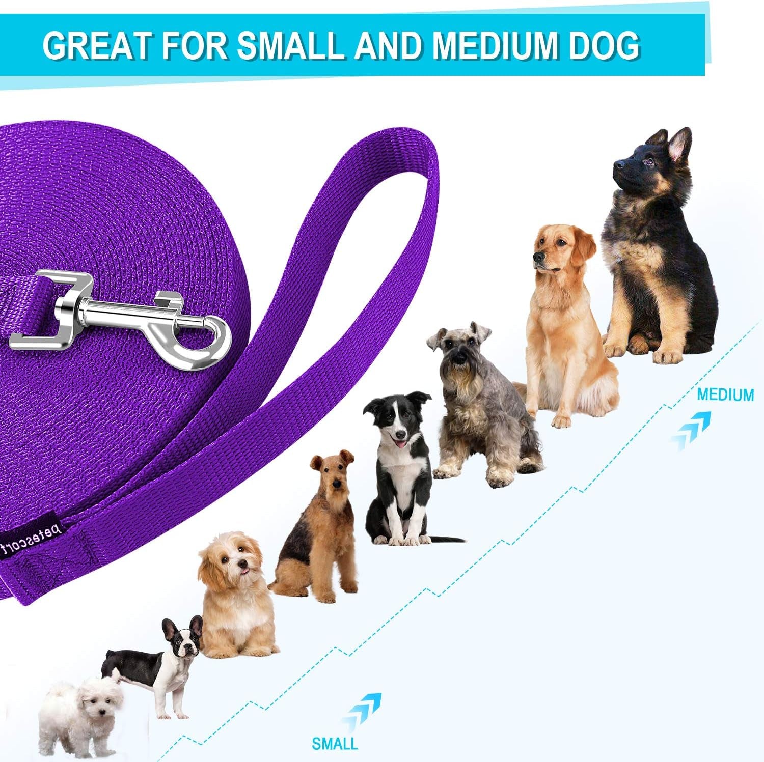 Dog/Puppy/Cat 15 Ft, 20 Ft, 30 Ft, 50 Ft Long Leash for Dog Cat Training, Play, Camping for Small, Medium Dogs or Cats(15 Feet,Purpule)