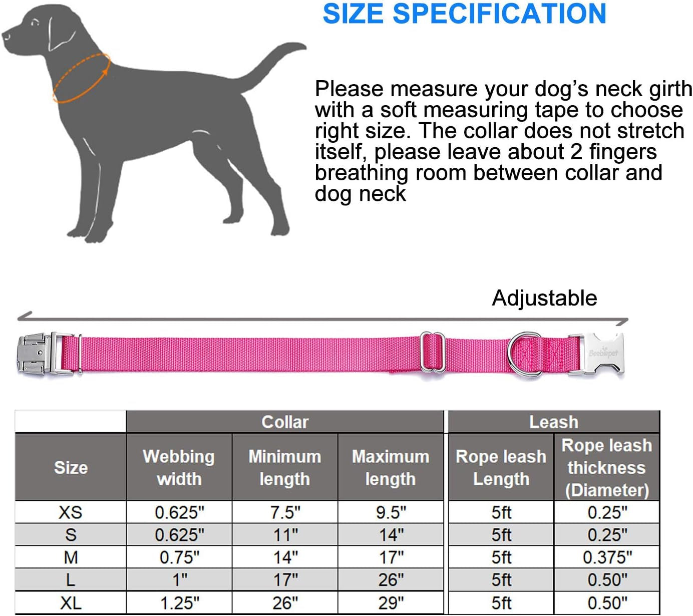 Classic Dog Collar with Strong Metal Buckle Adjustable Dog Collars for Small Medium Large Dogs (Collar+Leash M Neck 14"-19", Pink)