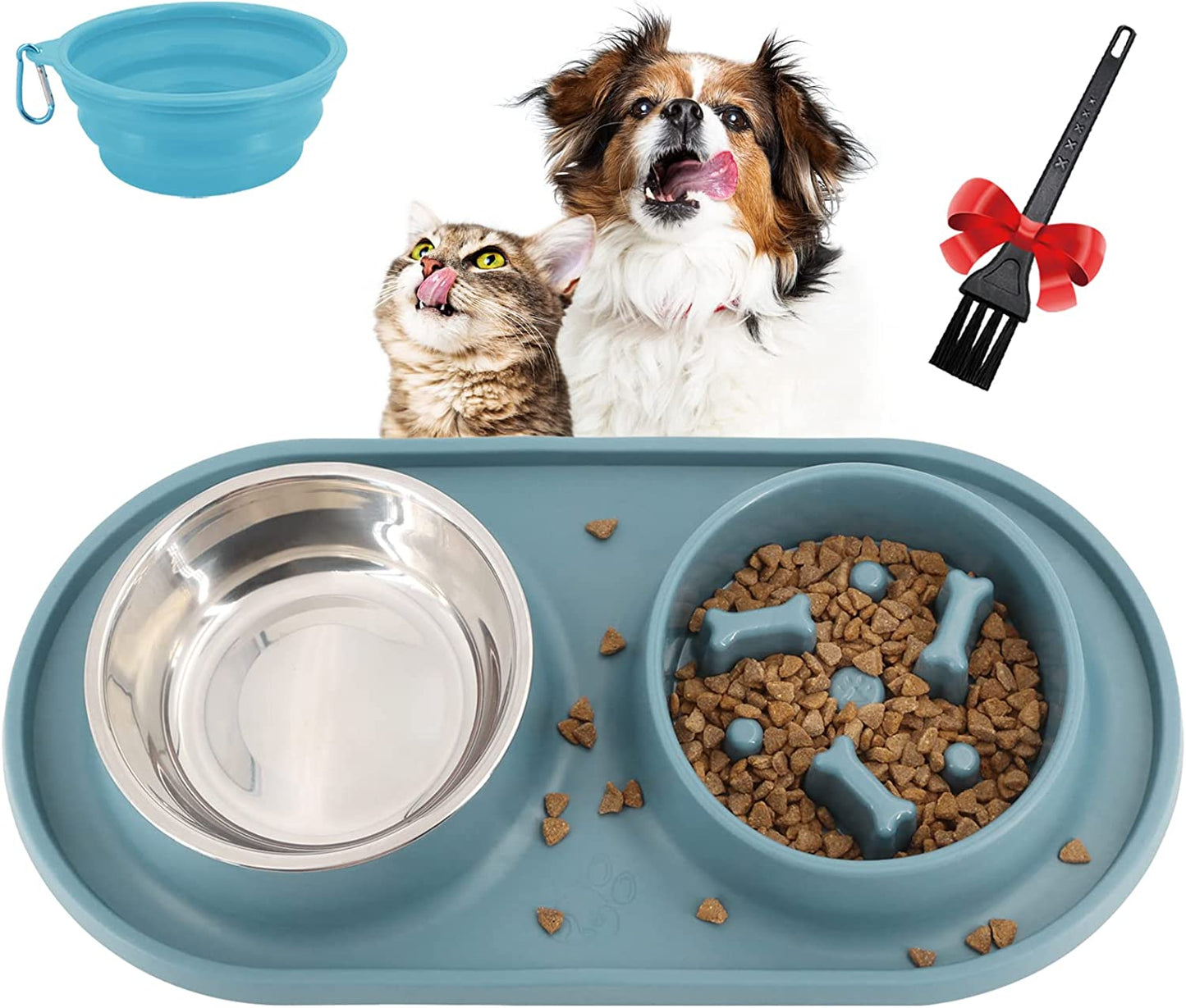 Dog Slow Feeder Bowl, 5-In-1 Dog Food Bowl with a Free Portable Dog Bow, Anti-Overflow Dog Bowl Set to Slow down Eating, Anti-Gulping Pet Bowl Stop Bloat, Foldable Maze Dog Bowl for Medium Small Dogs