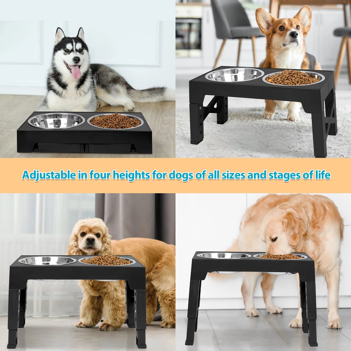 Elevated Dog Bowls Stand with 2 Stainless Steel Dishes, Raised Dog Bowl Adjusts to 5 Heights (3.15", 8.9", 10",11.2", 12.4") for Medium and Large Dogs（Black）