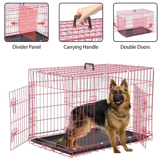 42 Inch Dog Crate, Dog Crates and Kennels Foldable Large Dog Crate for Large Dogs with Handle Double-Door Outdoor Metal Wire Dog Cage with Plastic Tray for Medium Dogs, Pink