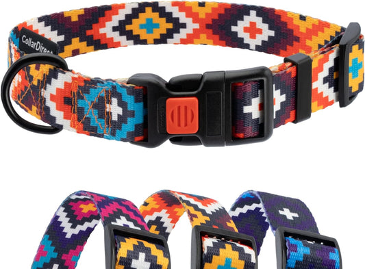 Purple Geometric Dog Collar, Pet Collar for Small Medium Large Dogs or Puppies with Quick Release Buckle, Yellow Orange Pattern, Adjustable Nylon (Sunset, Neck Fit 14"-18")