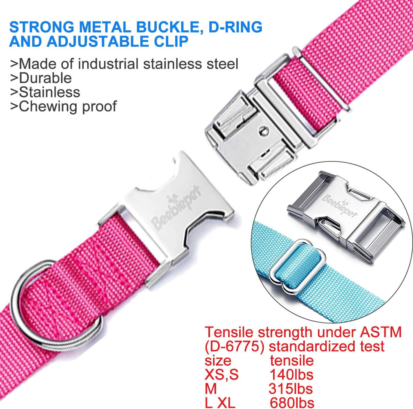 Classic Dog Collar with Strong Metal Buckle Adjustable Dog Collars for Small Medium Large Dogs (Collar+Leash M Neck 14"-19", Pink)