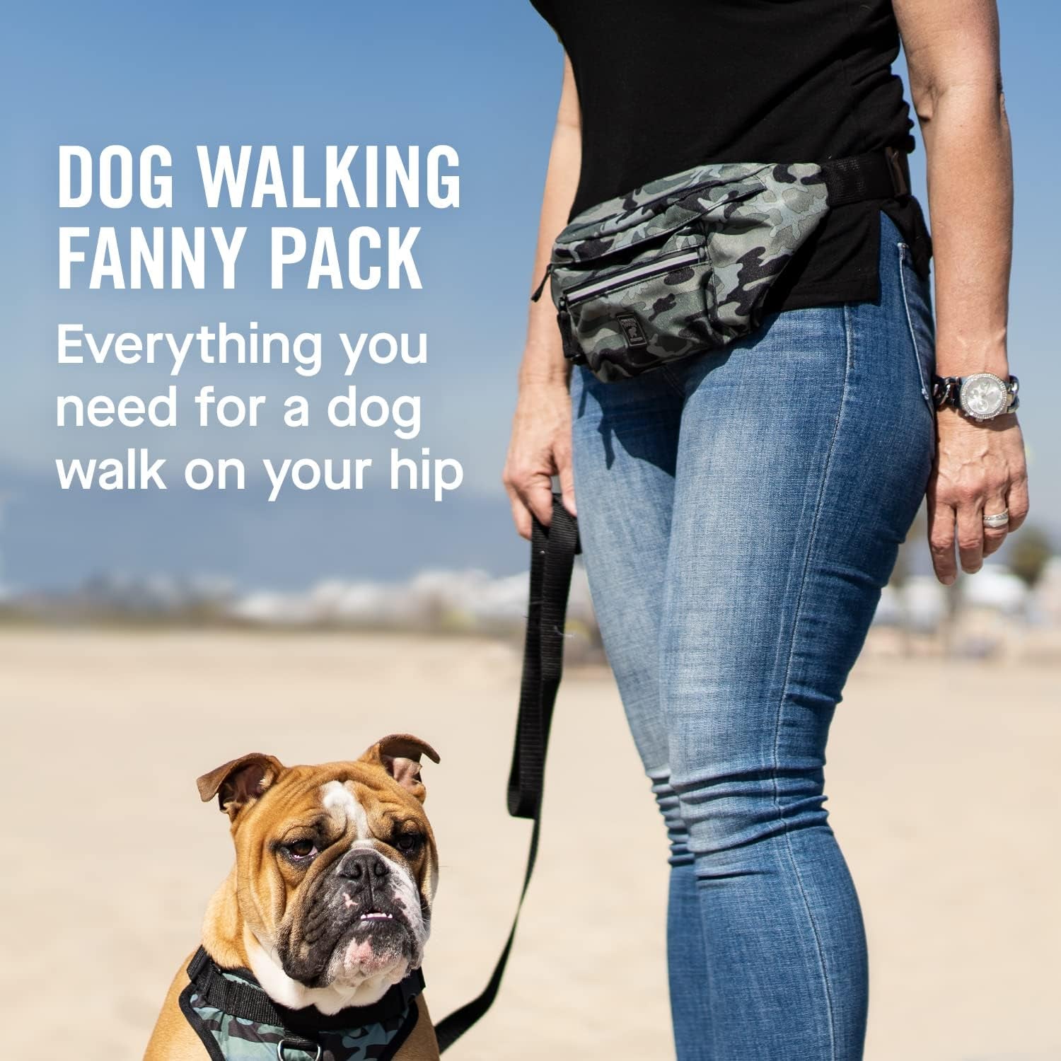 Everything Dog Walking Fanny Pack - Dog Fanny Pack with Dog Poop Bag Dispenser & Dog Treat Pouch, Great as Dog Training Fanny Pack, Adjustable up to 54” - Camo