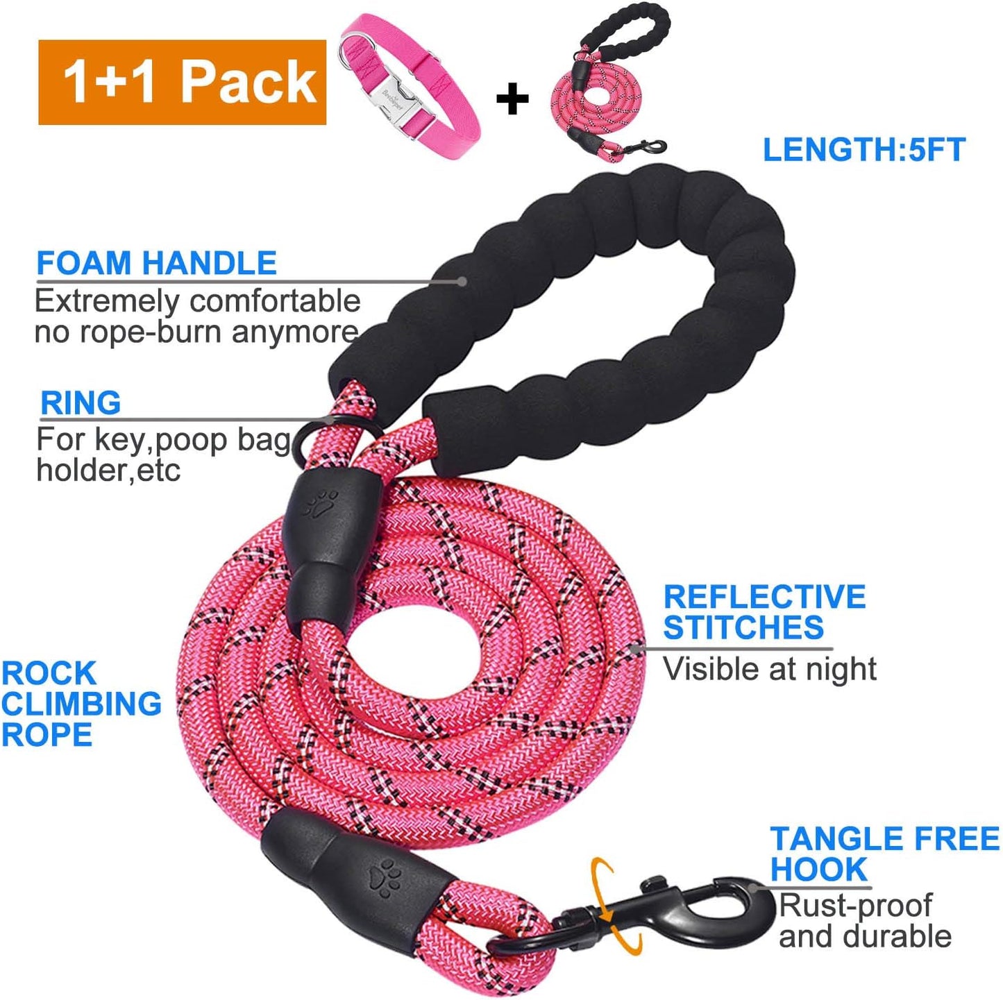 Classic Dog Collar with Strong Metal Buckle Adjustable Dog Collars for Small Medium Large Dogs (Collar+Leash M Neck 14"-19", Pink)