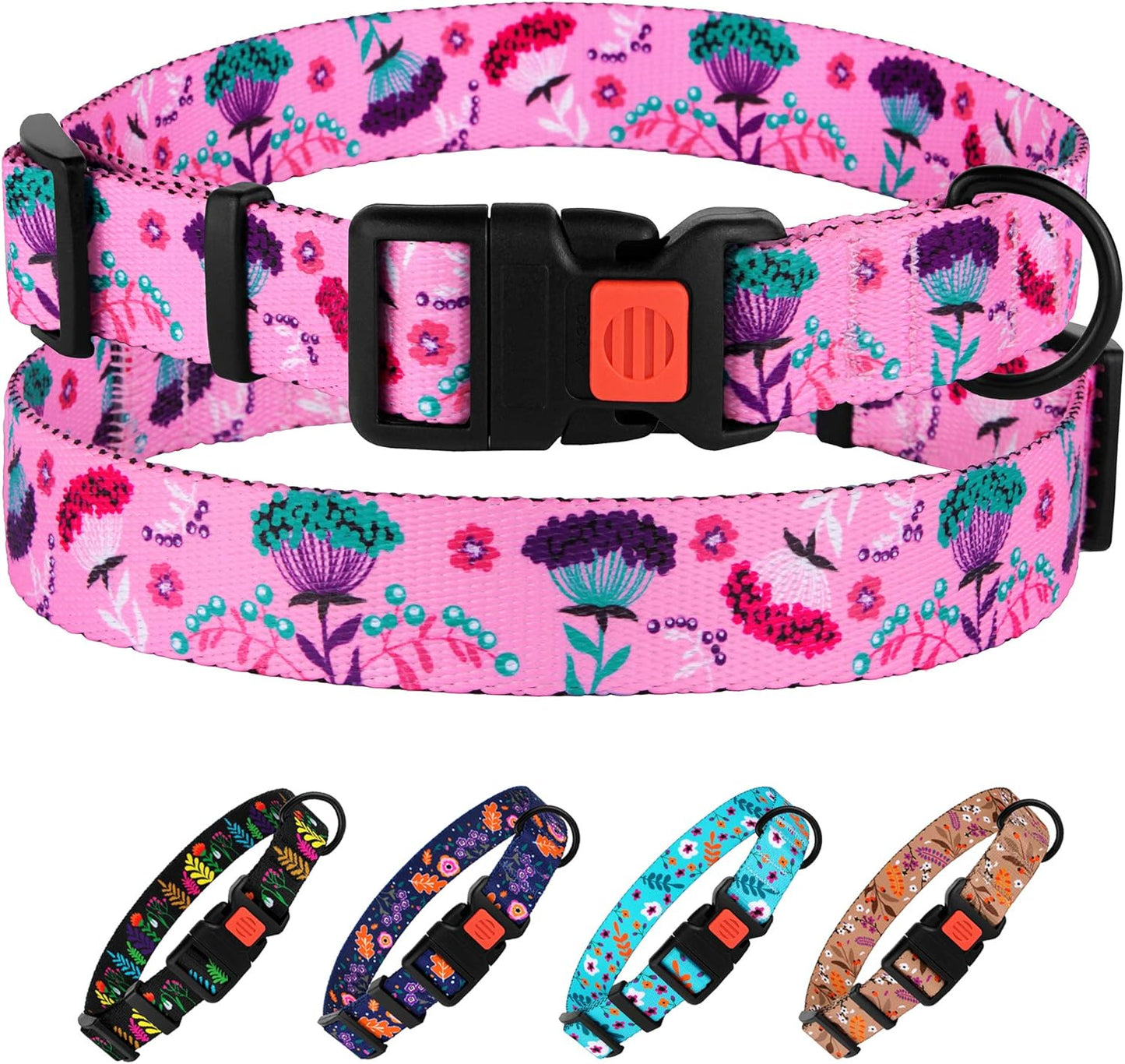 Floral Dog Collar Nylon Pattern Flower Print Adjustable Pet Collars for Dogs Small Medium Large Puppy (Neck Fit 14"-18", Pink)