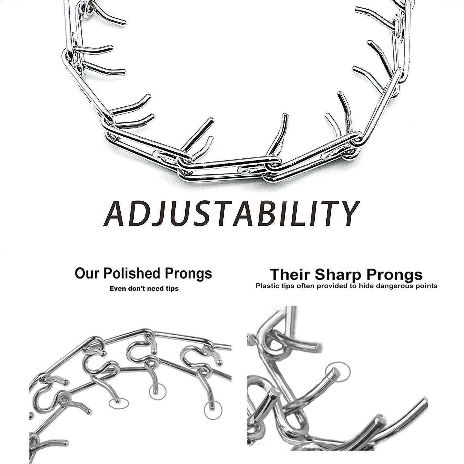 Dog Prong Collar Extra Links with Rubber Cups, Set of (3) Chrome Links, Steel Chrome Plated Dog Prong Training Collar Links, Pinch Collar and Dog Correction Collar Links