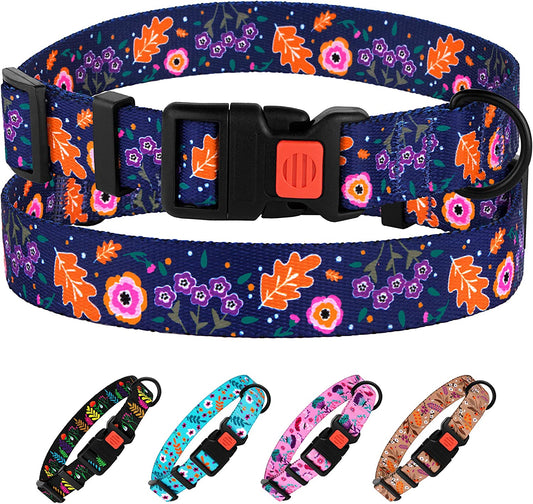 Floral Dog Collar Nylon Pattern Flower Print Adjustable Pet Collars for Dogs Small Medium Large Puppy (Neck Fit 14"-18", Navy Blue)