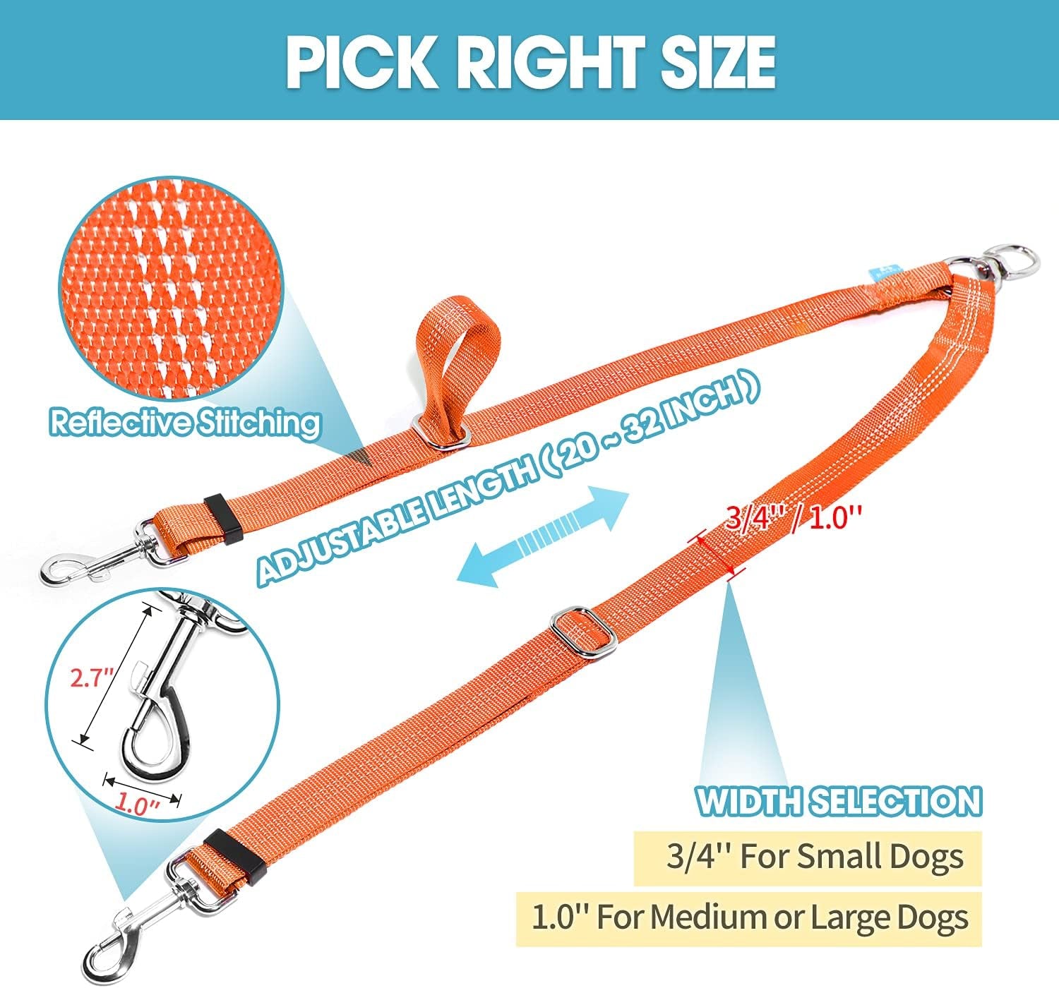 Double Dog Leash Splitter, Tangle Free Dual Dog Leash Coupler, Two Dog Walking and Training Extension for Small Medium or Large Dogs (1.0'' X 20~32 Inch, Orange)