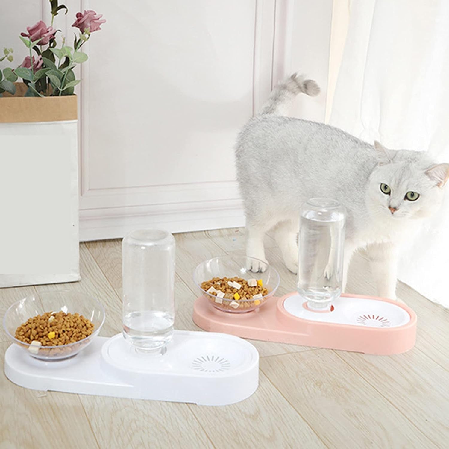 Pet Food Bowl Automatic Water Dispenser Dual-Purpose Non-Skid No No Spill Cat Dog Feeder Pet Supplies for Pets Small Medium Large Dog - Pink