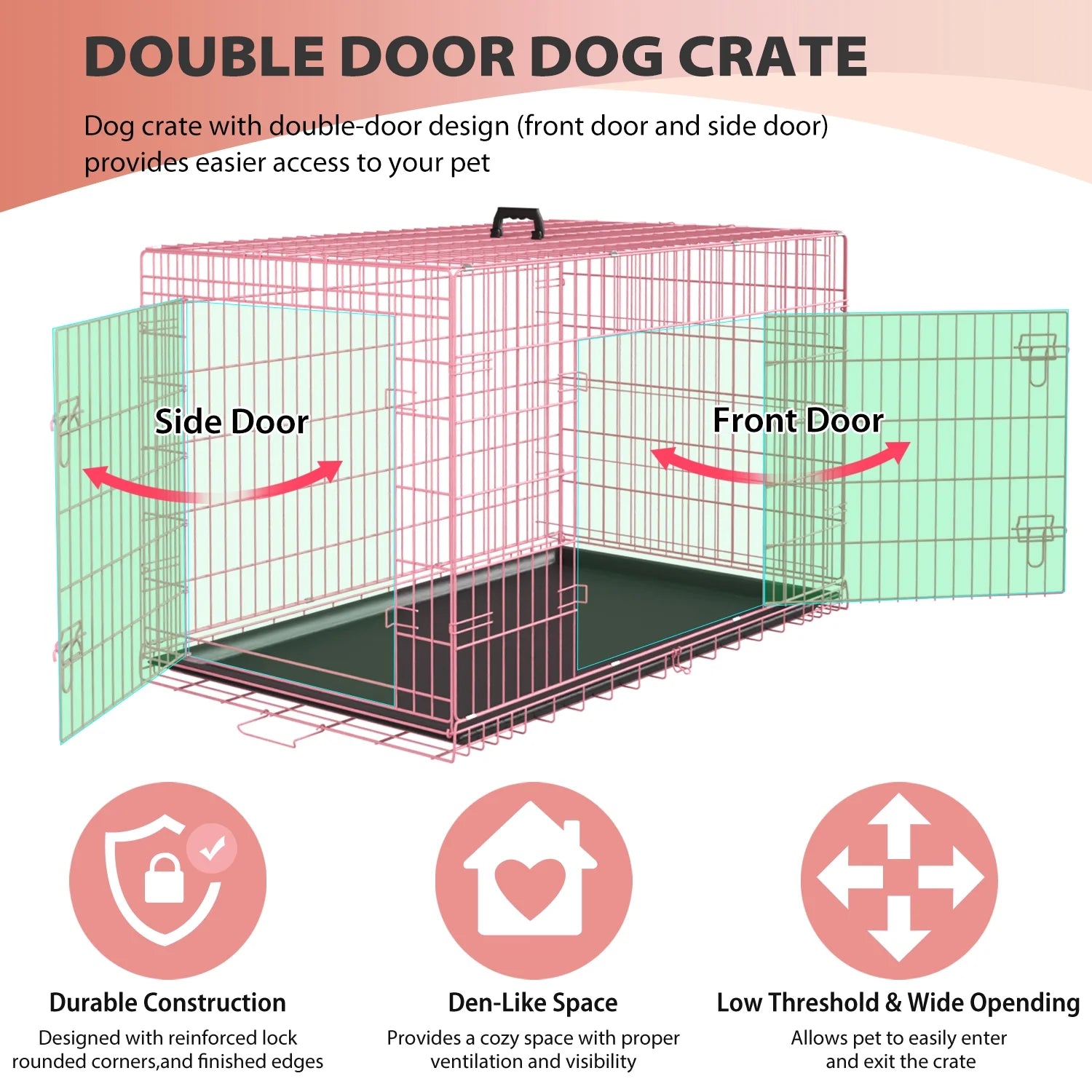 42 Inch Dog Crate, Dog Crates and Kennels Foldable Large Dog Crate for Large Dogs with Handle Double-Door Outdoor Metal Wire Dog Cage with Plastic Tray for Medium Dogs, Pink