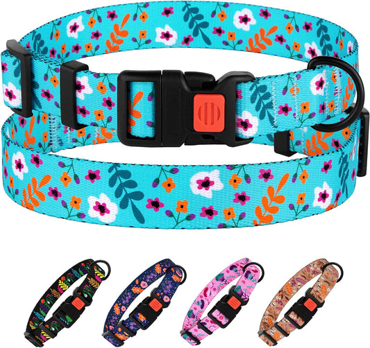 Floral Dog Collar Nylon Pattern Flower Print Adjustable Pet Collars for Dogs Small Medium Large Puppy (Neck Fit 18"-26", Aquamarine)