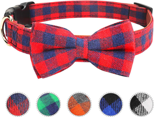 Dog Bow Tie,  Dog Cat Collar with Bow Tie Buckle Light Plaid Dog Collar for Dogs Cats Pets Soft Comfortable,Adjustable (S, Red)