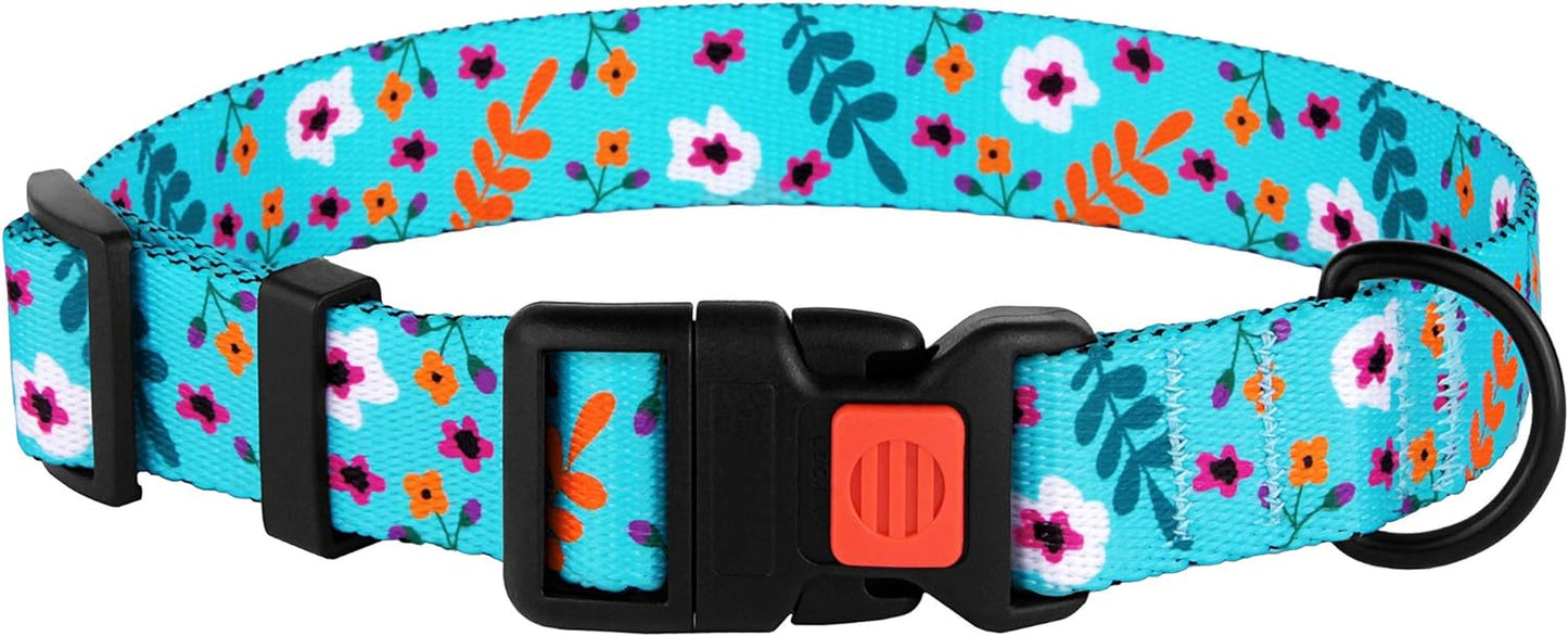 Floral Dog Collar Nylon Pattern Flower Print Adjustable Pet Collars for Dogs Small Medium Large Puppy (Neck Fit 10"-13", Aquamarine)