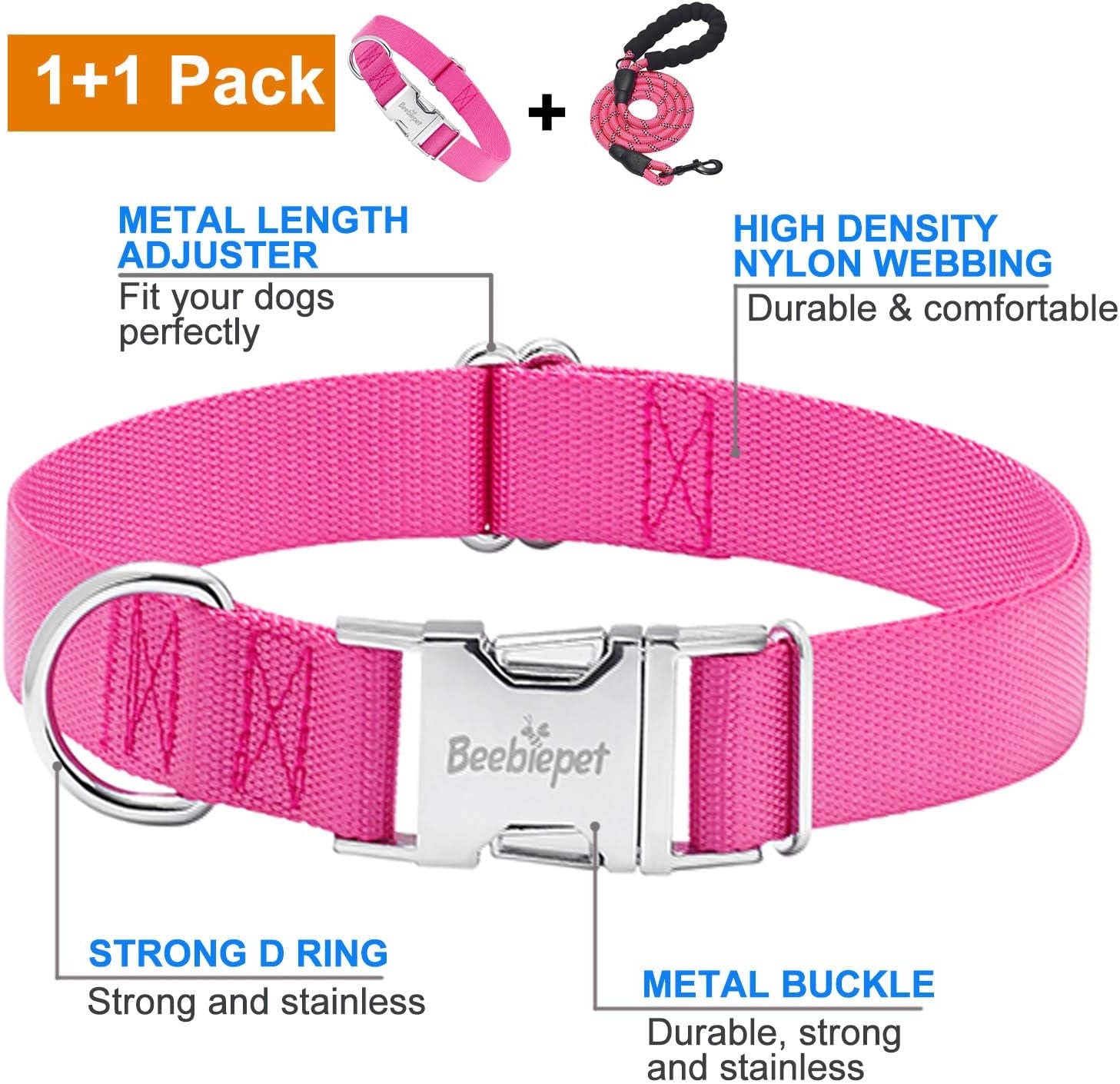 Classic Dog Collar with Strong Metal Buckle Adjustable Dog Collars for Small Medium Large Dogs (Collar+Leash M Neck 14"-19", Pink)