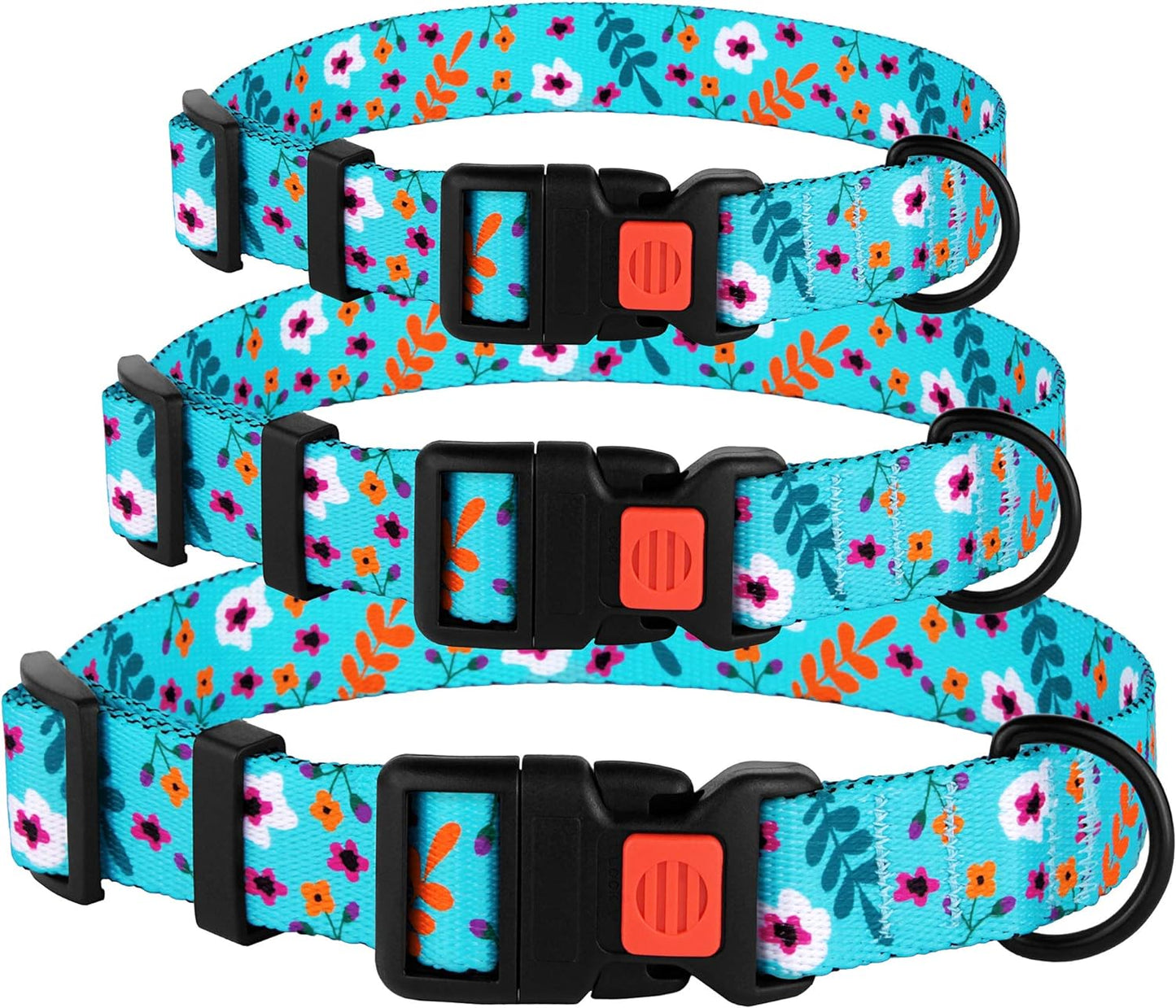 Floral Dog Collar Nylon Pattern Flower Print Adjustable Pet Collars for Dogs Small Medium Large Puppy (Neck Fit 10"-13", Aquamarine)