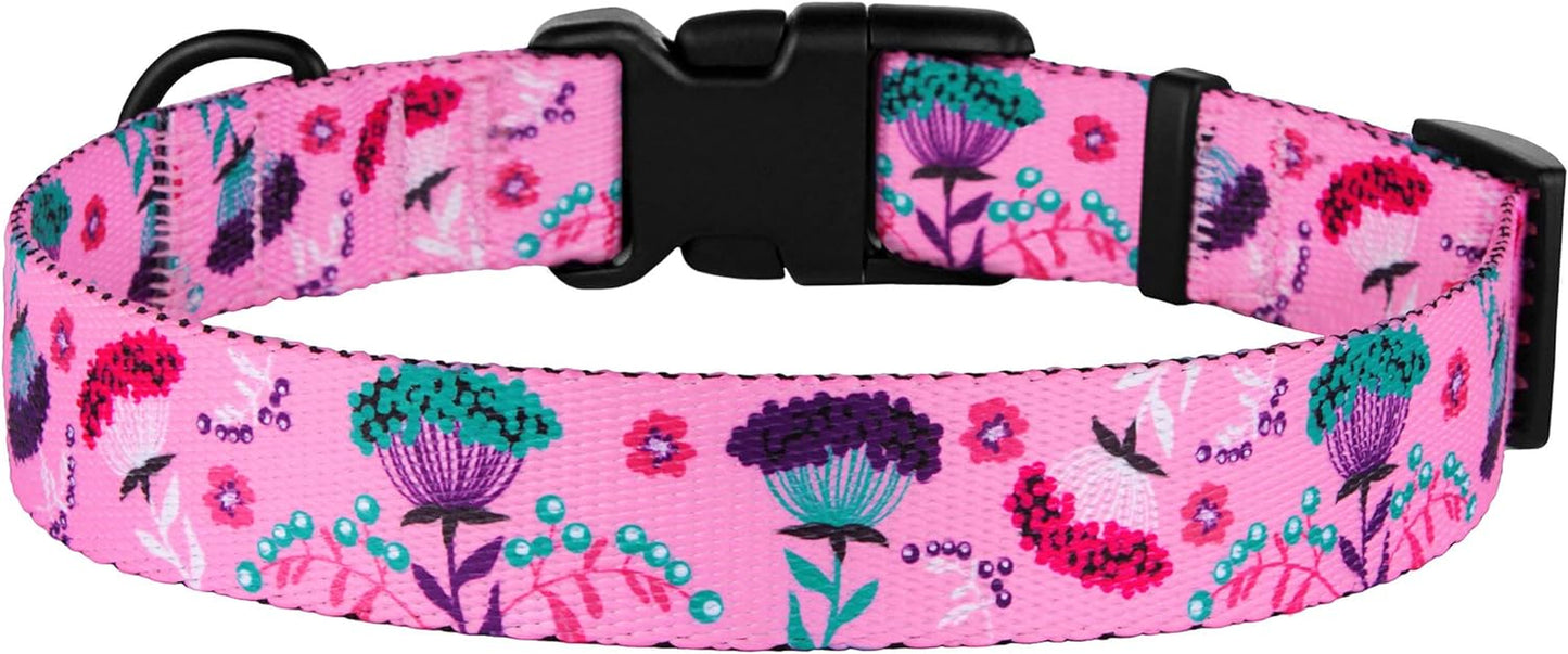 Floral Dog Collar Nylon Pattern Flower Print Adjustable Pet Collars for Dogs Small Medium Large Puppy (Neck Fit 14"-18", Pink)