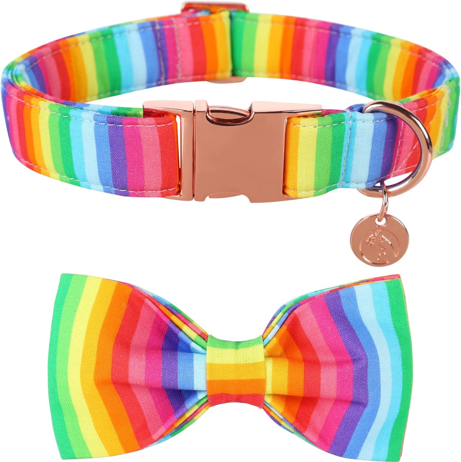 Rainbow Dog Collar with Pretty Bow Tie for LGBT Pride Month - Adjustable and Comfortable Collar for Large Medium Small Dog,M