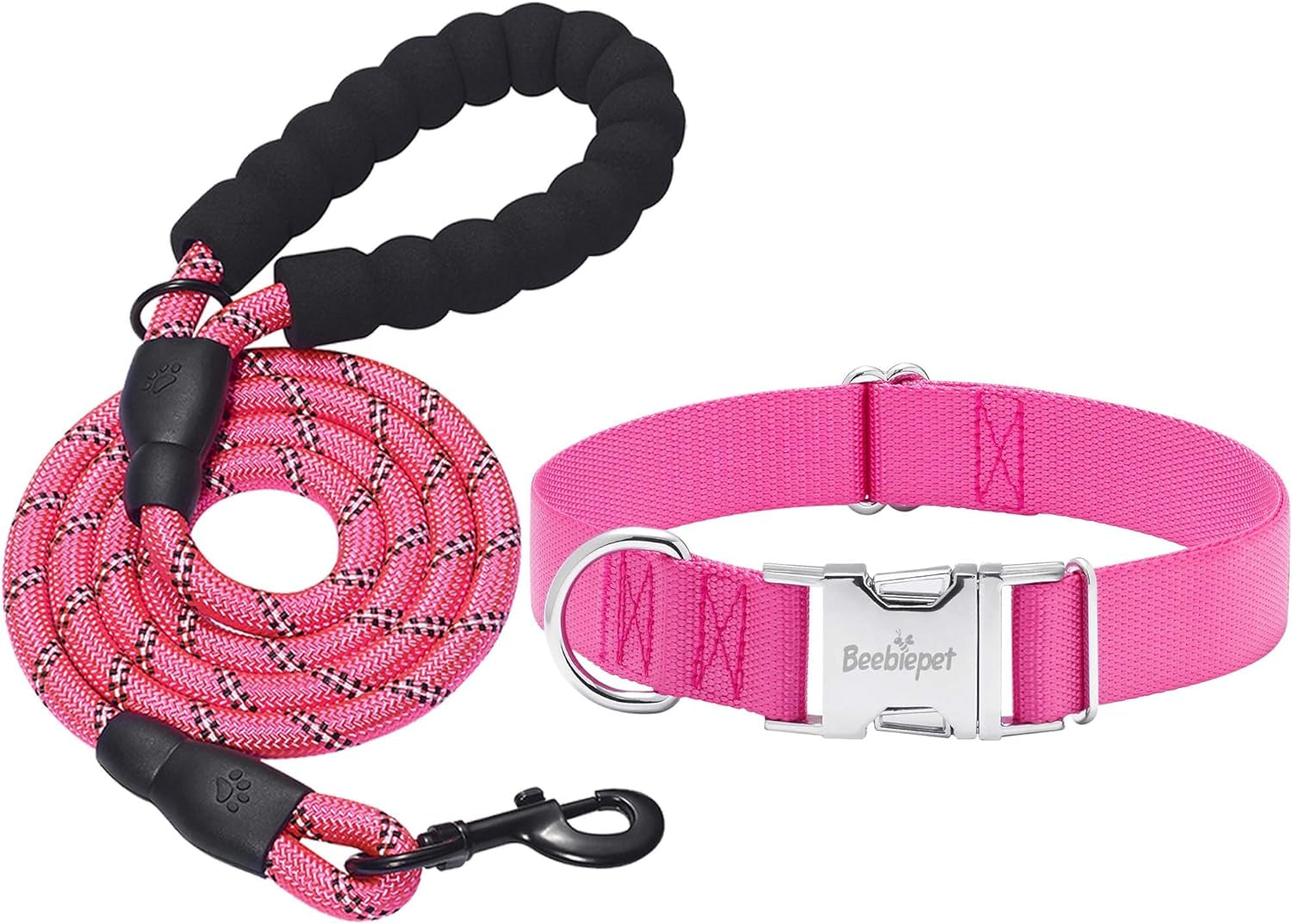 Classic Dog Collar with Strong Metal Buckle Adjustable Dog Collars for Small Medium Large Dogs (Collar+Leash M Neck 14"-19", Pink)