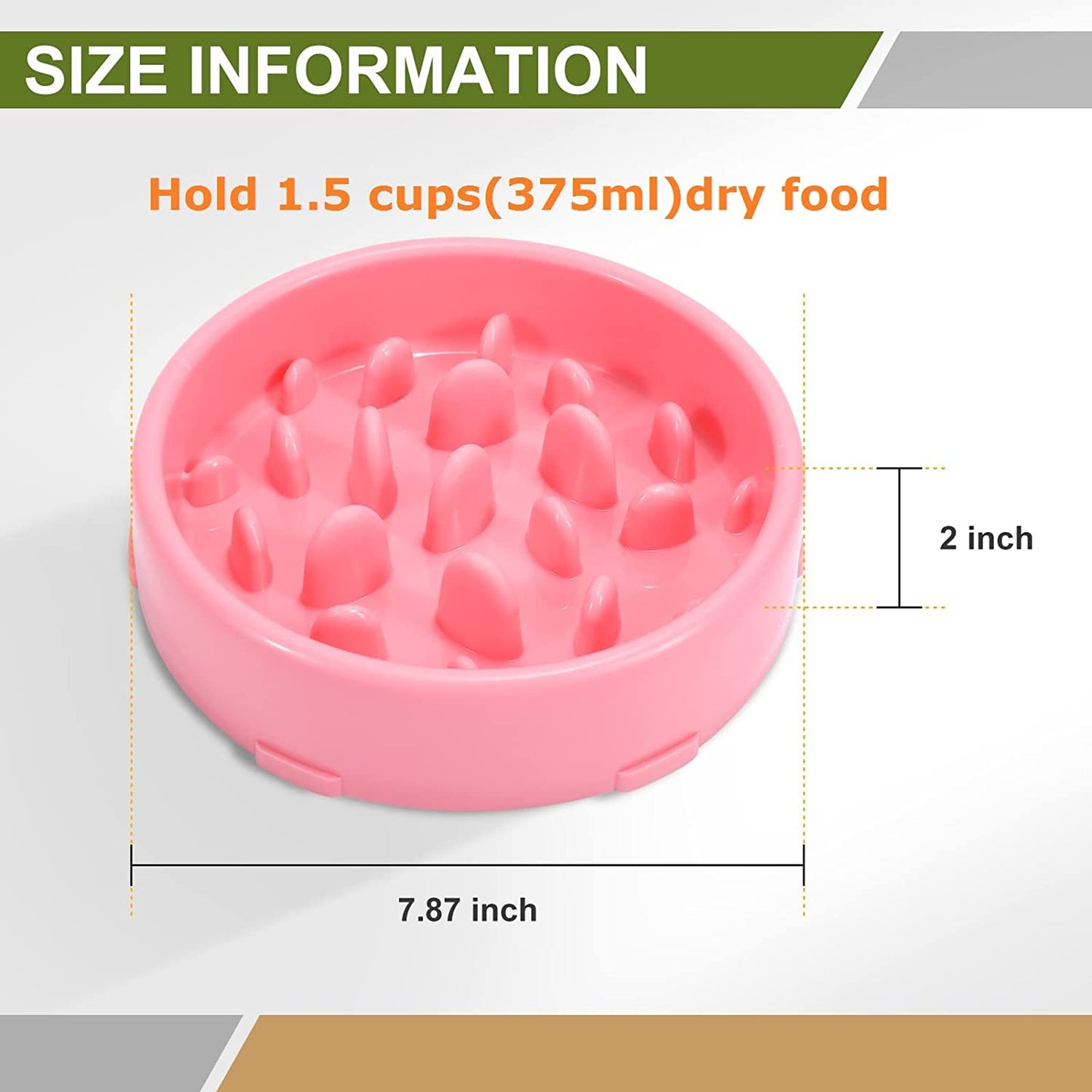 Anti-Gulping Dog Bowl, Slow Feeder, BPA Free, Polypropylene Material, 7 Inches Diameter, 2 Inches High, 7 Ounces Weight, 6 Colors Available